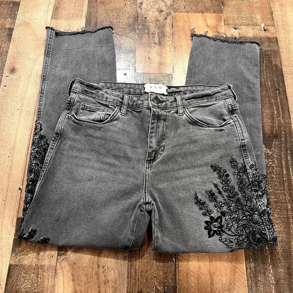 We The Free People Embroidered Girlfriend Jeans